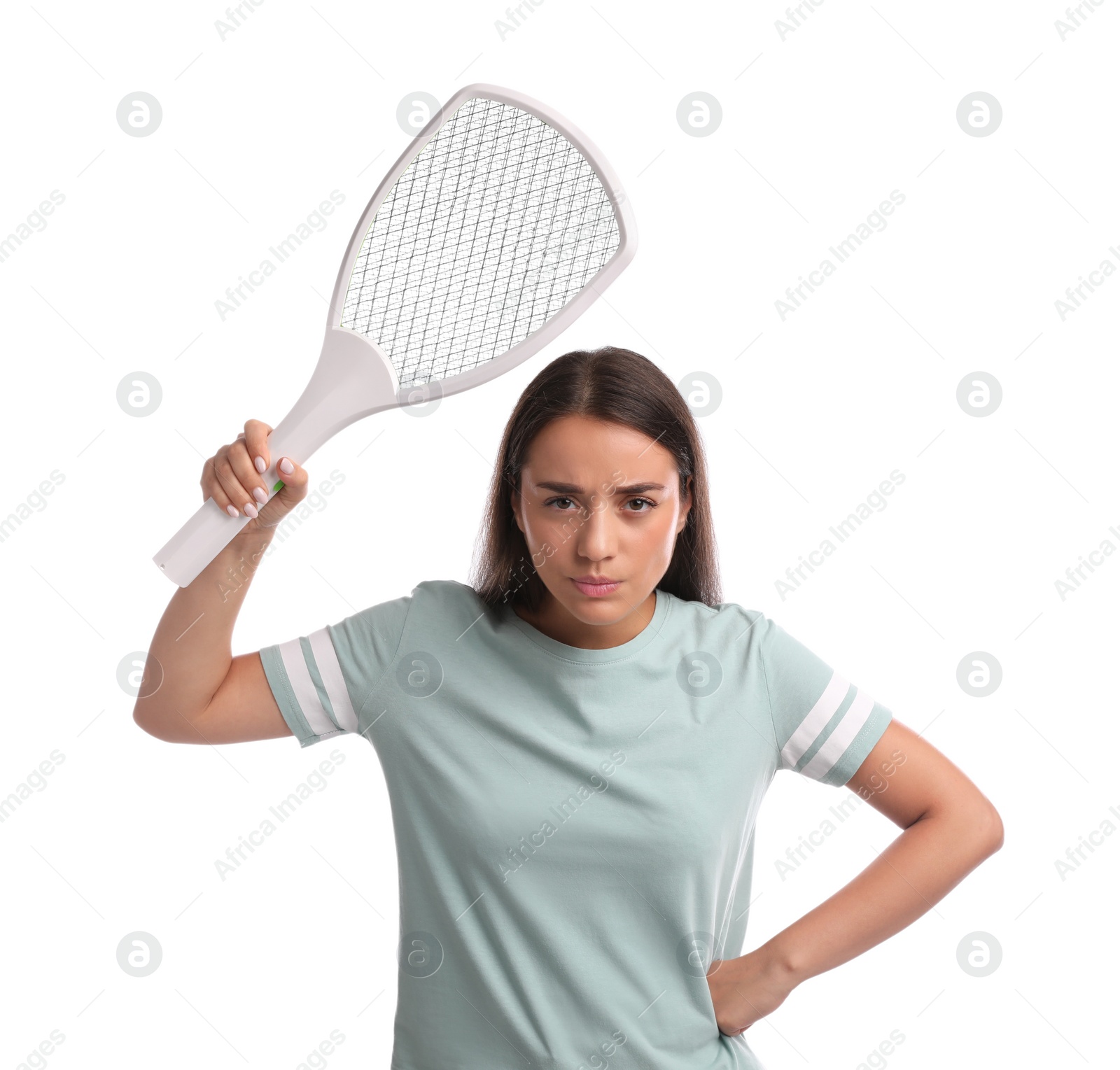 Photo of Young woman with electric fly swatter on white background. Insect killer