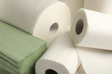 Many different paper towels as background, closeup view