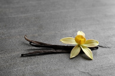 Photo of Vanilla sticks and flower on grey background. Space for text
