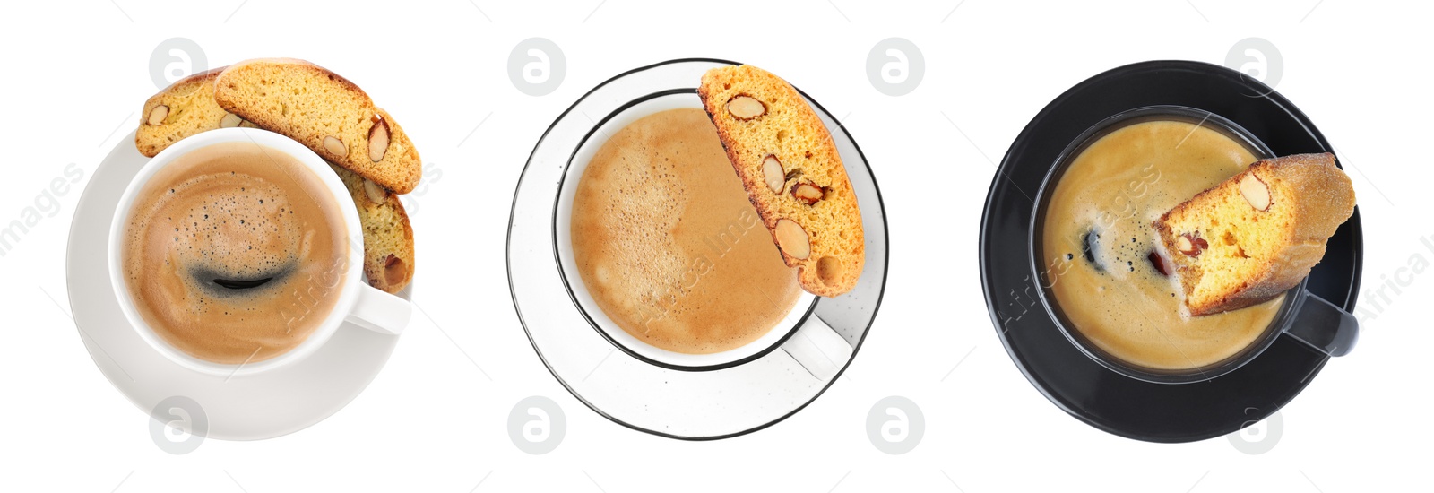 Image of Set with tasty cantucci and cups of aromatic coffee on white background, top view. Traditional Italian almond biscuits