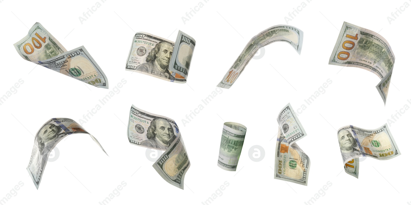 Image of Dollar banknotes flying on white background, collage. Banner design