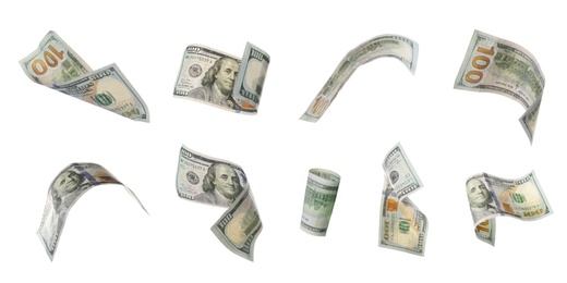 Dollar banknotes flying on white background, collage. Banner design