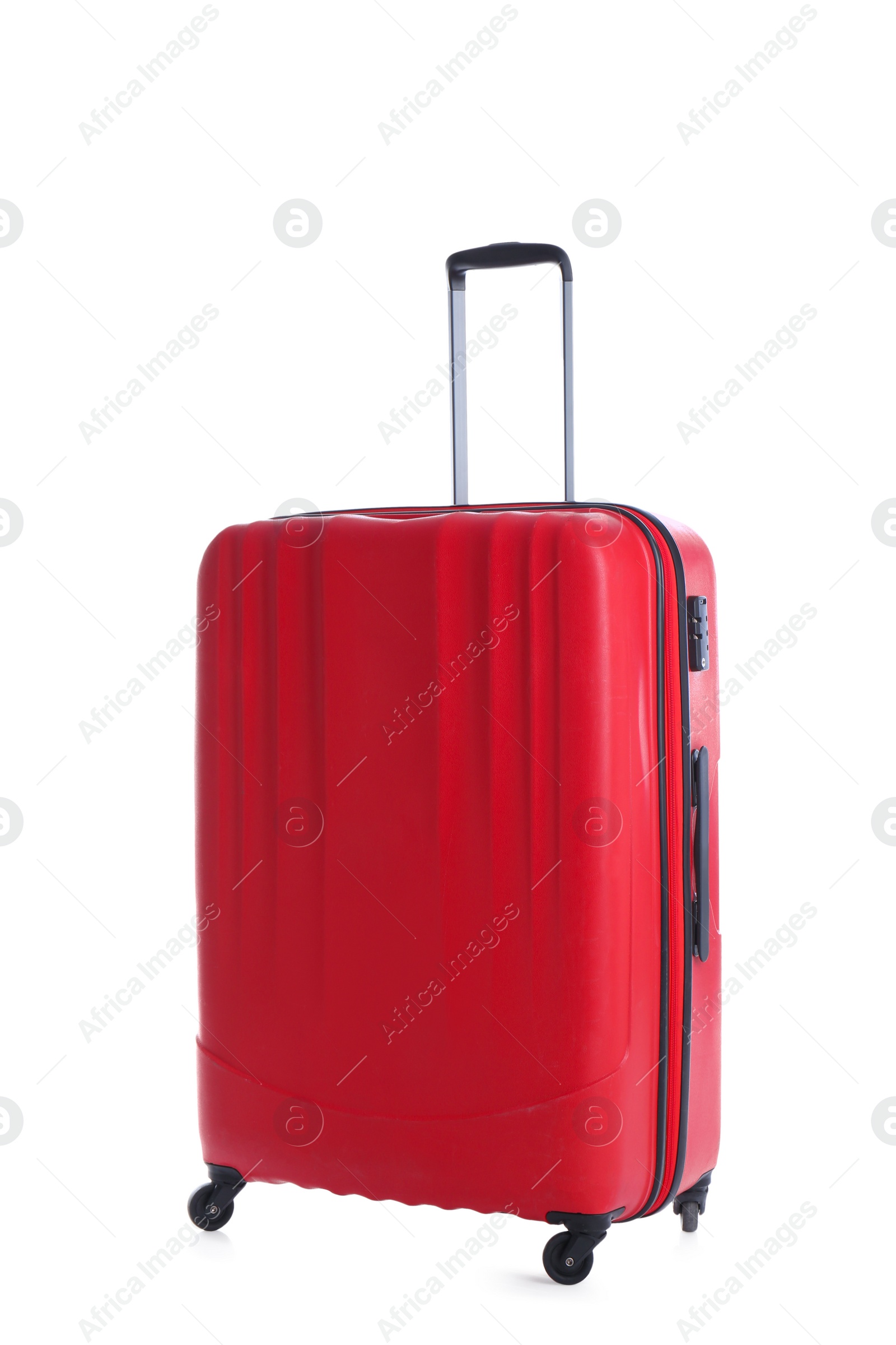 Photo of Red suitcase for travelling on white background