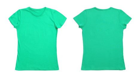 Image of Mint color t-shirt with space for design isolated on white. Back and front views