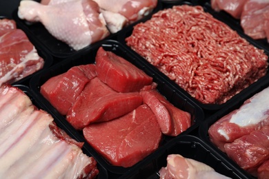 Photo of Containers with different raw meat, closeup view