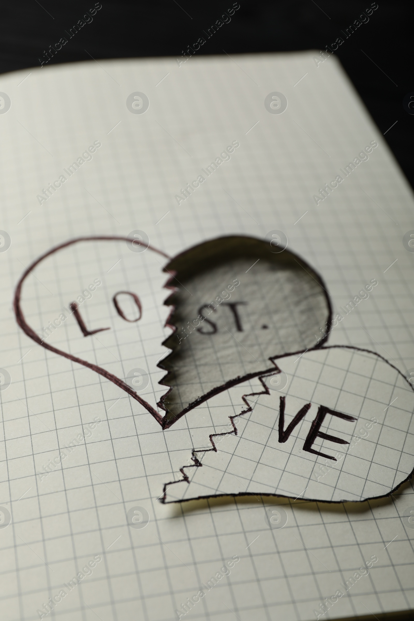 Photo of Broken heart with words LOVE and LOST in notebook on table, closeup. Relationship problems concept