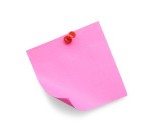 Blank pink note pinned on white background, top view