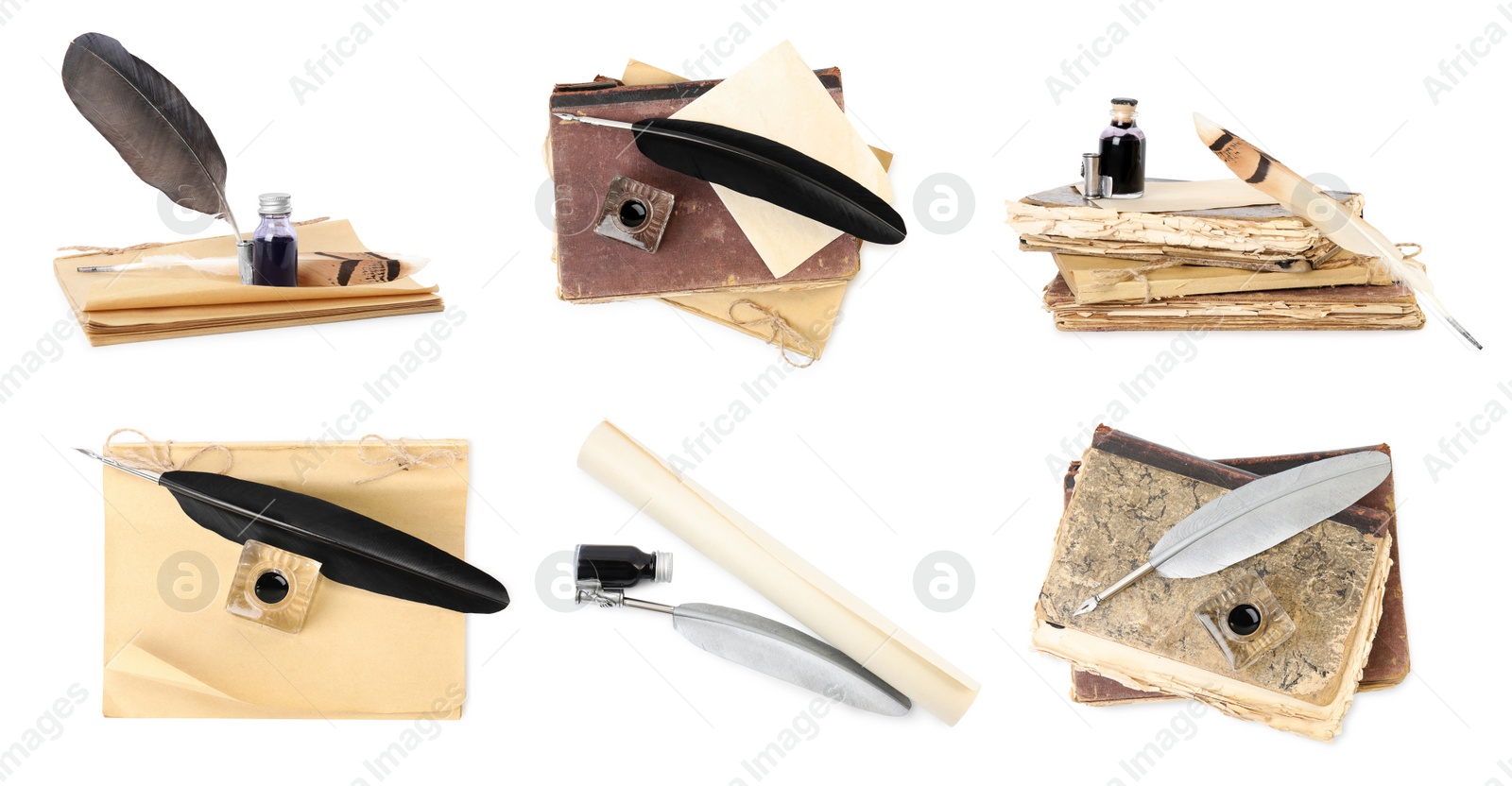 Image of Set with quills, inks and old books on white background