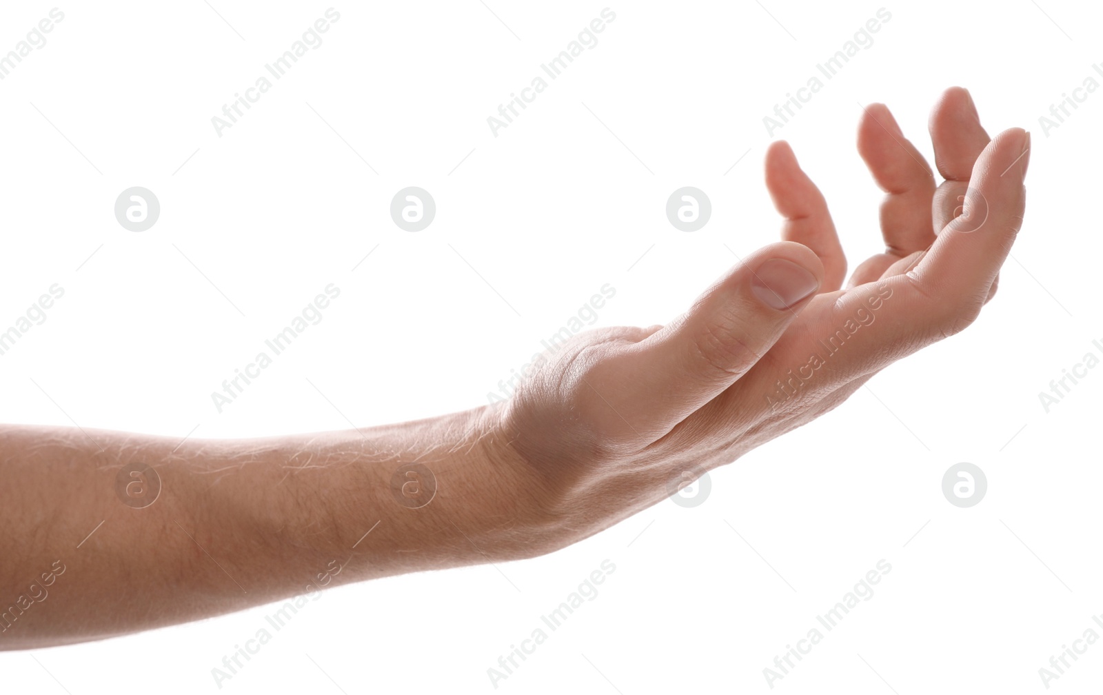 Photo of Man holding something against white background, closeup of hand