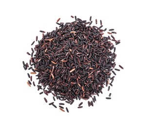 Pile of raw black rice isolated on white, top view