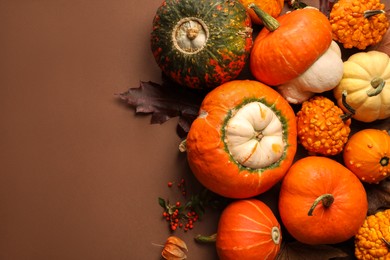 Photo of Flat lay composition with different ripe pumpkins on brown background. Space for text