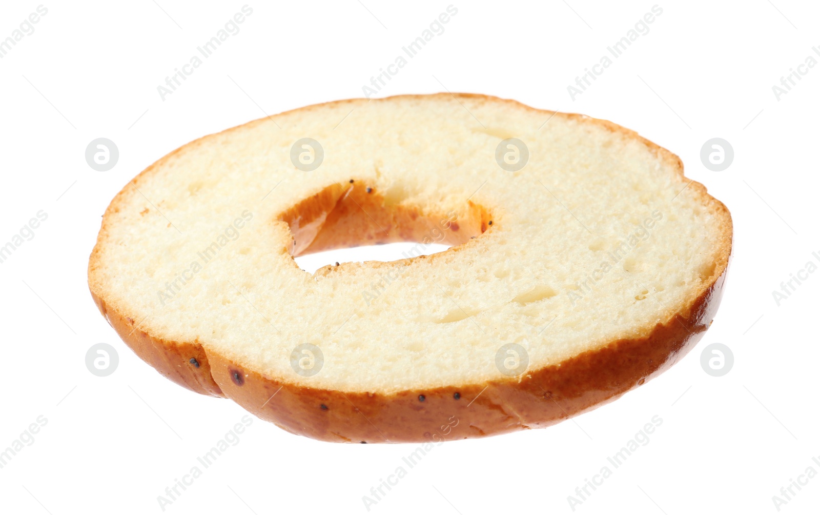 Photo of Half of delicious fresh bagel isolated on white