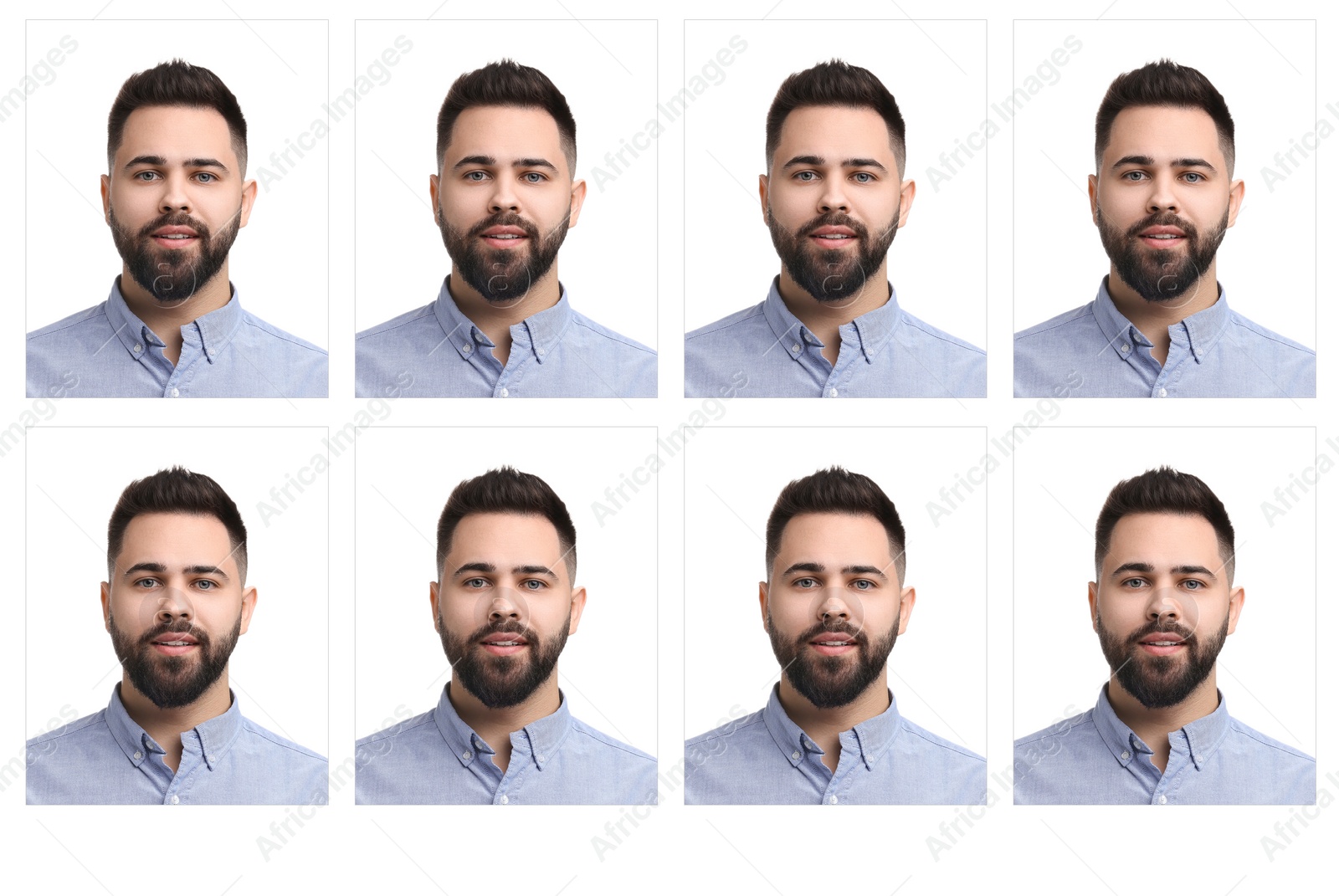 Image of Passport photo, collage. Man on white background, set of photos