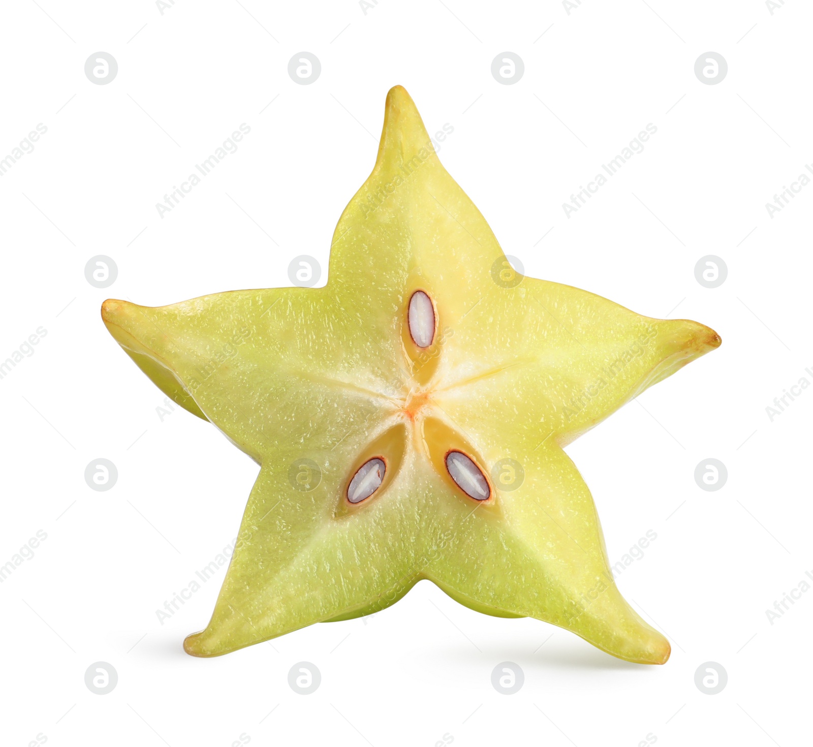 Photo of Slice of ripe carambola isolated on white. Exotic fruit