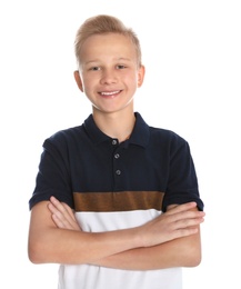 Photo of Portrait of teenage boy on white background