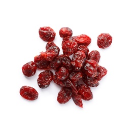 Photo of Pile of tasty dried cranberries isolated on white, top view