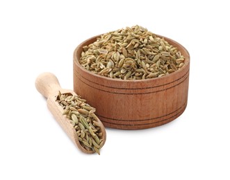 Bowl and scoop with dry fennel seeds isolated on white