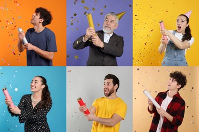 Image of Collage with photos of different people blowing up party poppers on color backgrounds