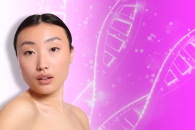 Image of Beautiful woman and illustrations of DNA structure on pink background