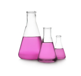 Conical flasks with purple liquid on white background