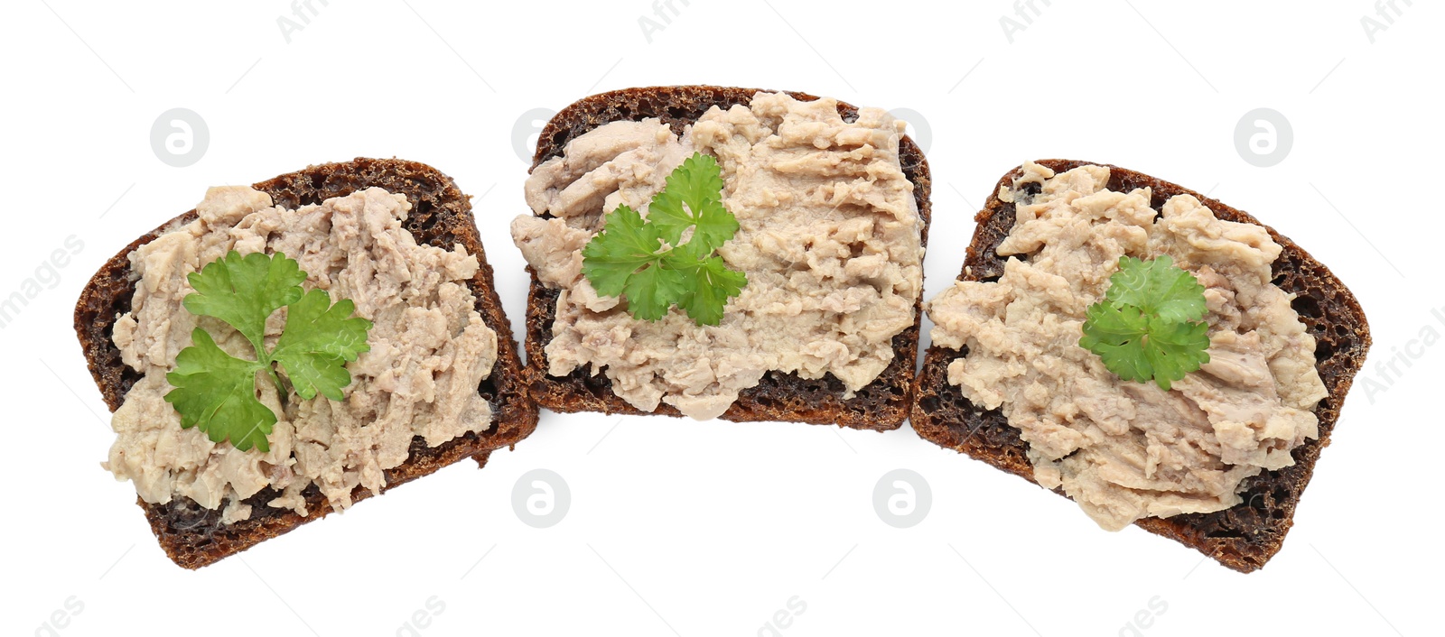 Photo of Tasty sandwiches with cod liver and parsley isolated on white, top view