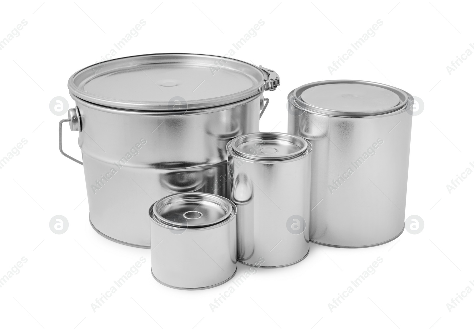 Photo of New metal paint cans and bucket on white background