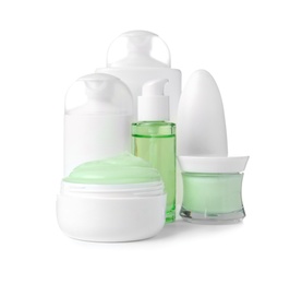 Different body care products on white background