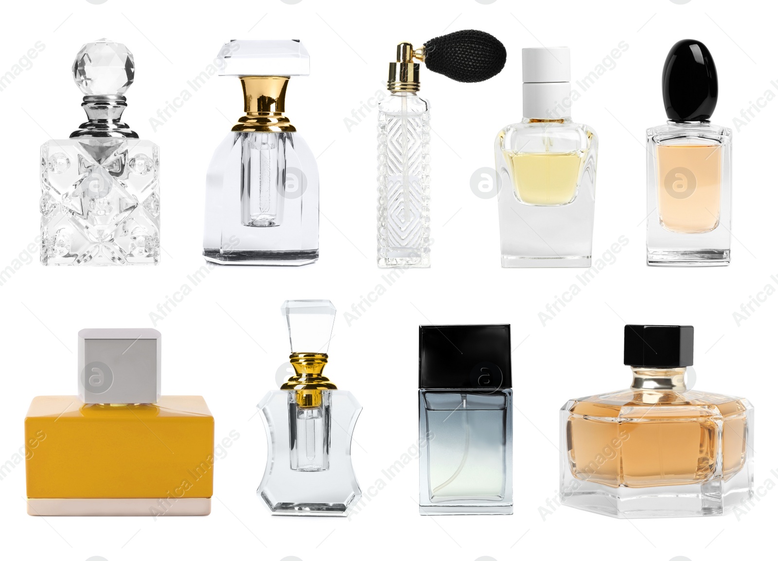 Image of Set with different bottles of perfume on white background