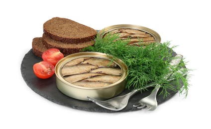 Canned sprats, dill, bread, cutlery and tomato isolated on white