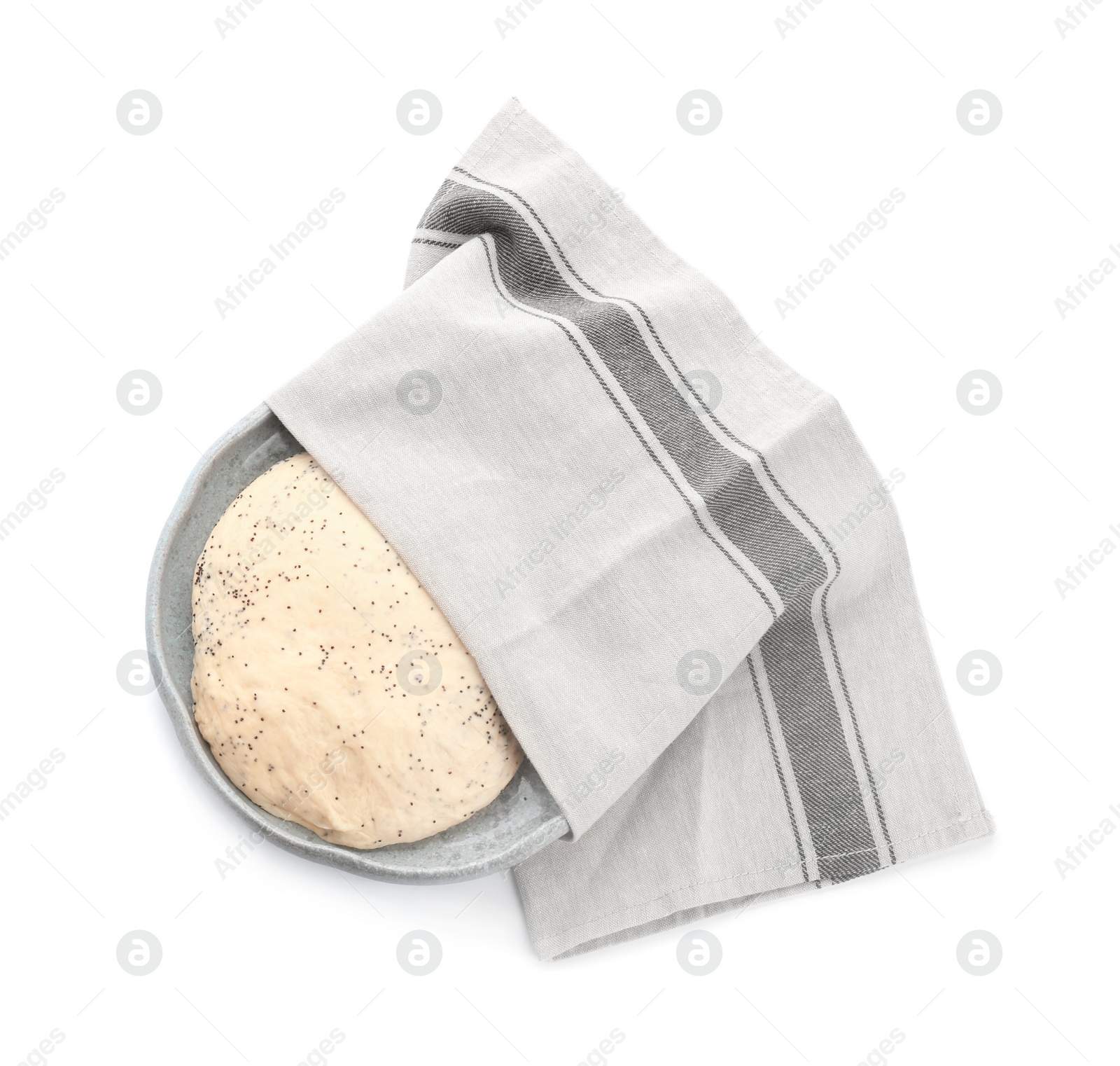 Photo of Plate and raw dough with poppy seeds under towel on white background, top view