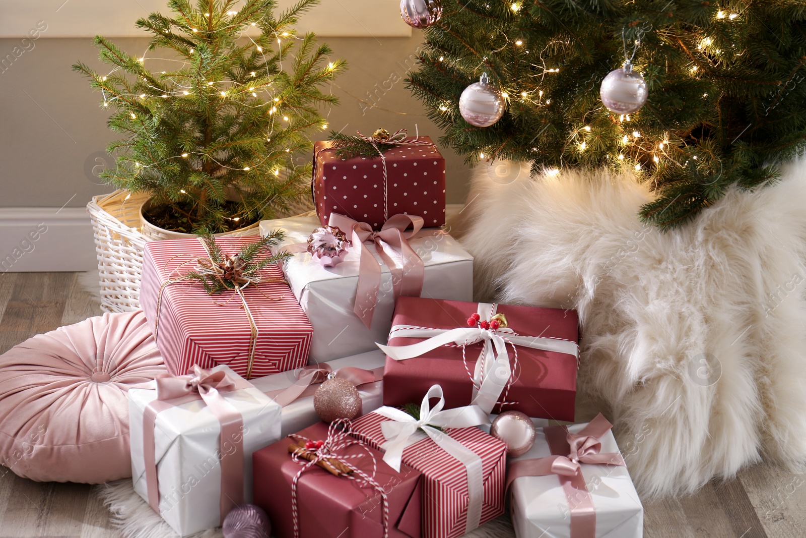 Photo of Gift boxes under small and big Christmas trees indoors