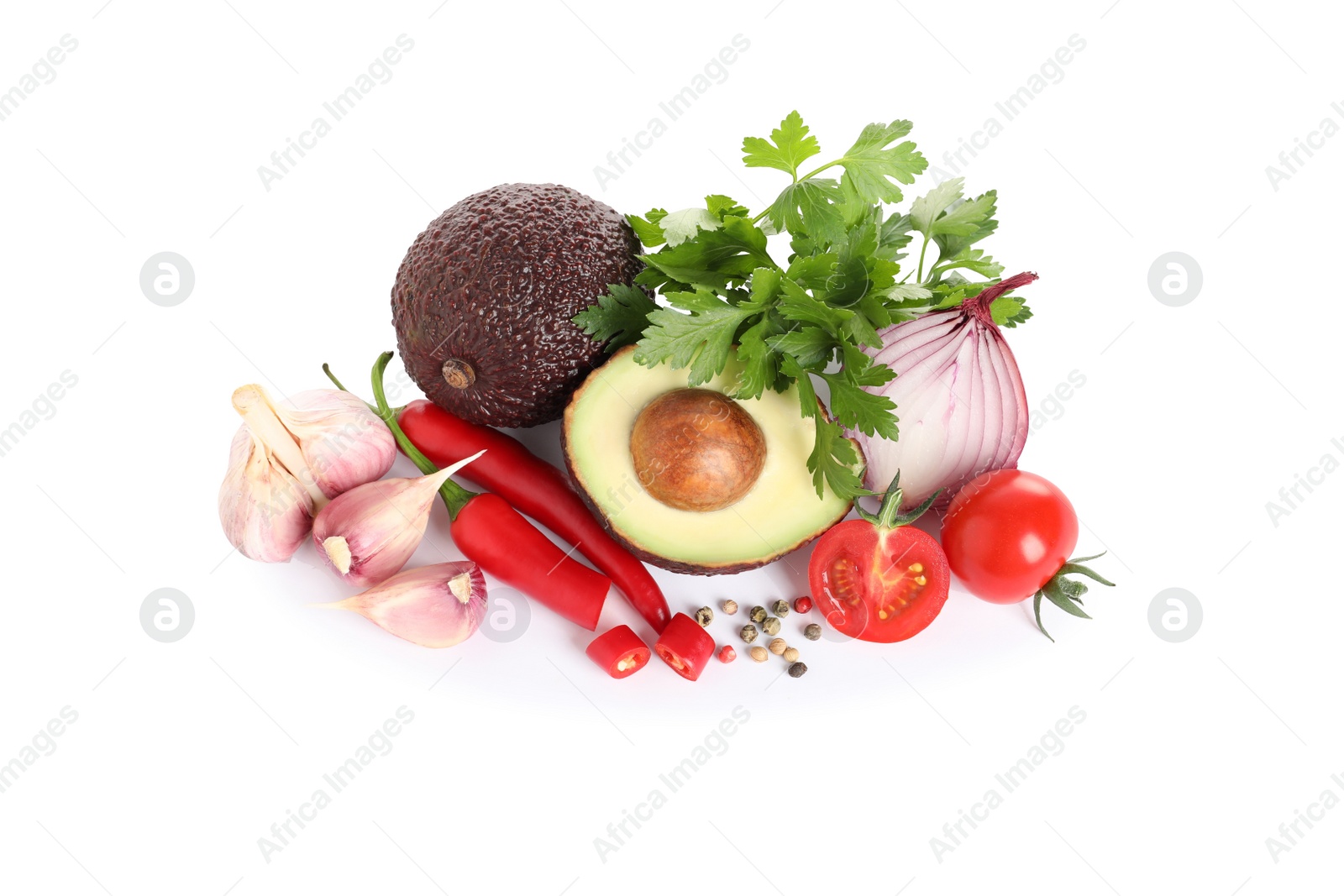 Photo of Fresh ingredients for guacamole on white background, top view