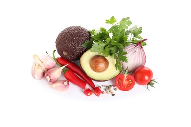 Photo of Fresh ingredients for guacamole on white background, top view