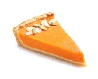 Photo of Piece of fresh delicious homemade pumpkin pie on white background
