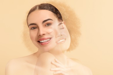 Image of Double exposure of beautiful women on beige background