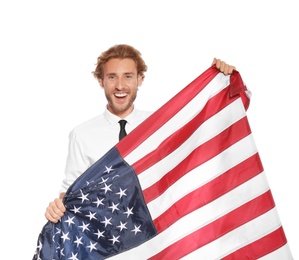 Photo of Young man with American flag on white background