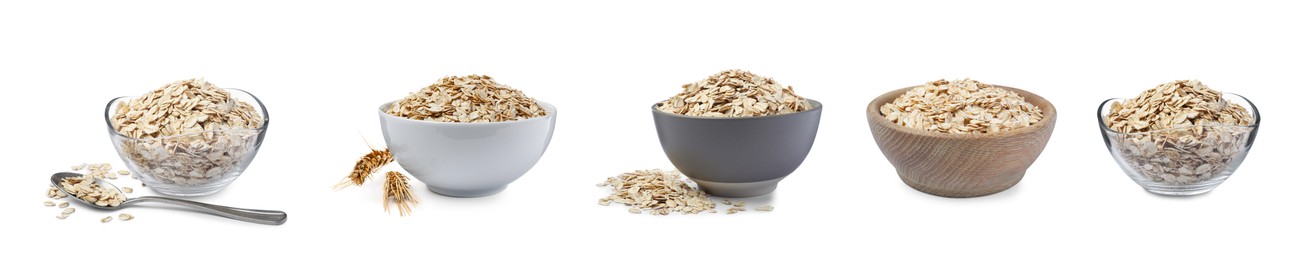 Image of Set with uncooked oatmeal on white background. Banner design