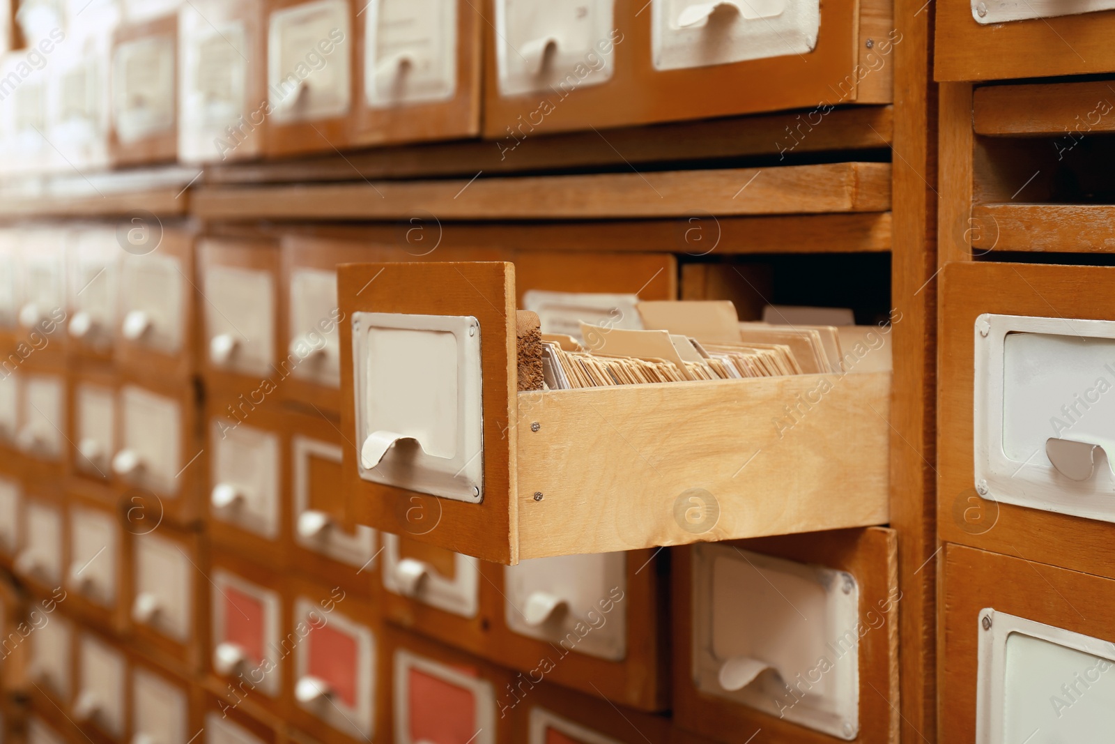 Image of Closeup view of library card catalog drawers