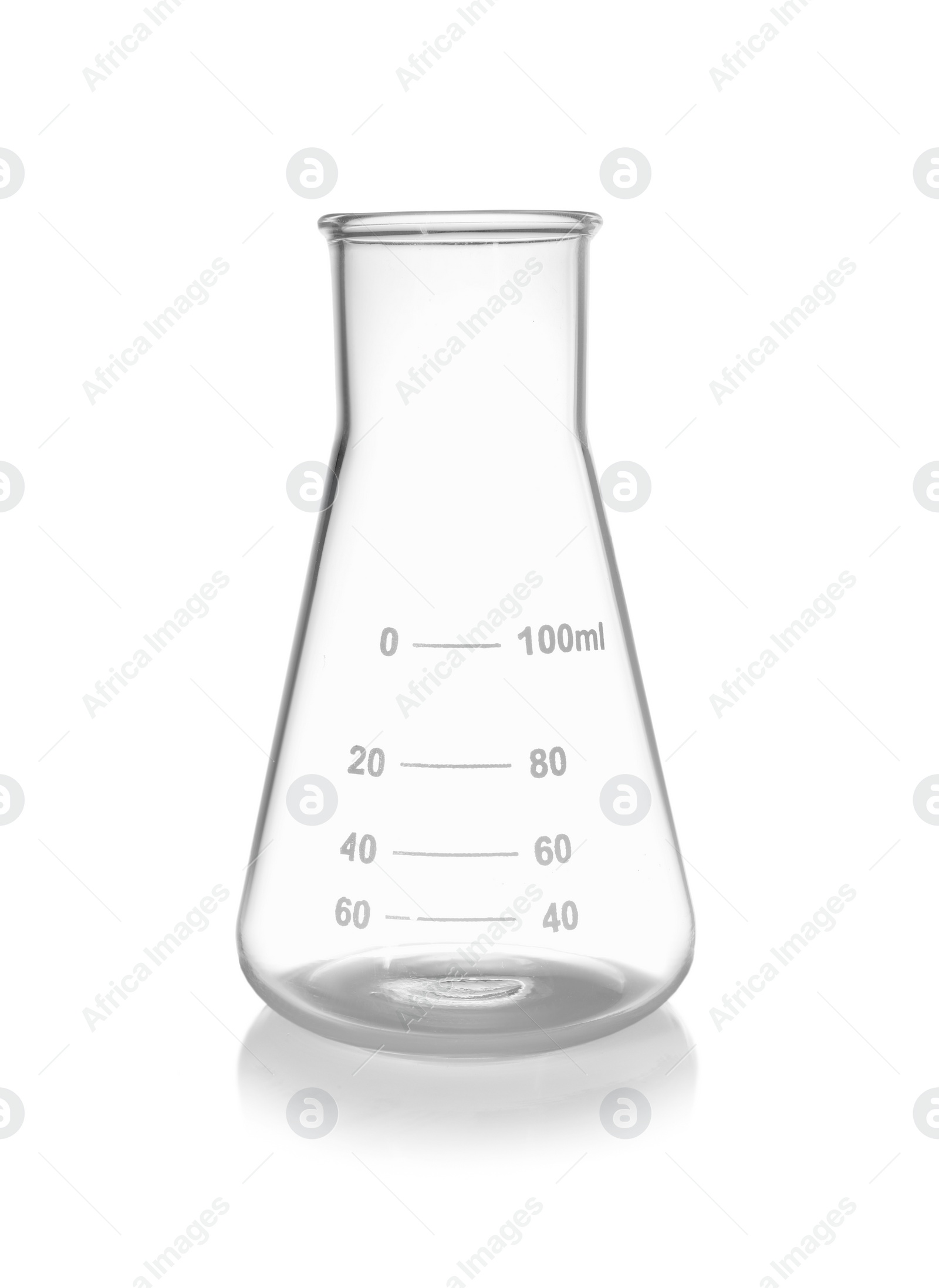 Photo of One empty laboratory flask isolated on white