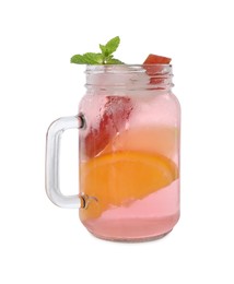 Photo of Mason jar of tasty rhubarb cocktail with orange fruit isolated on white