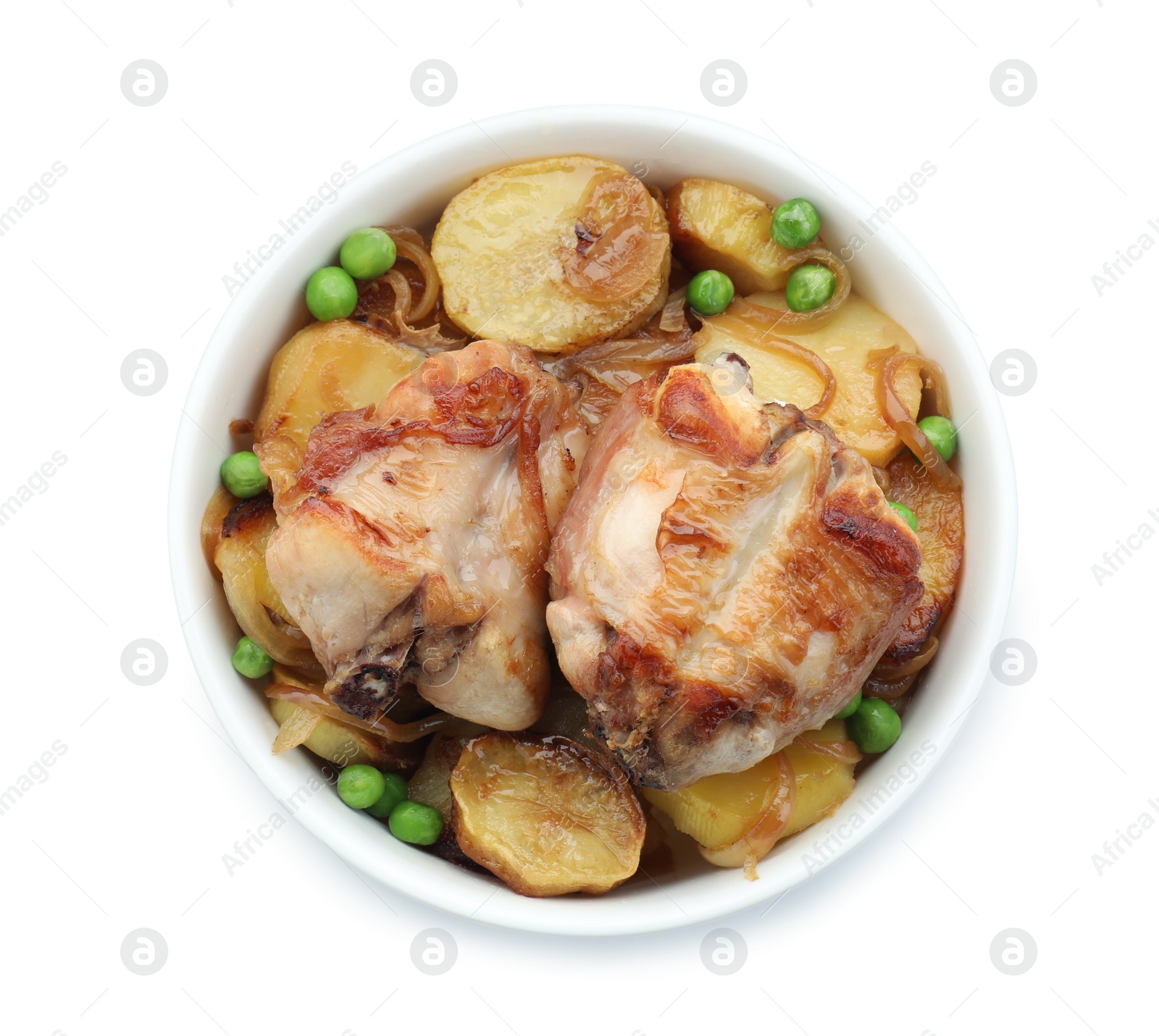 Photo of Tasty cooked rabbit with vegetables in bowl isolated on white, top view