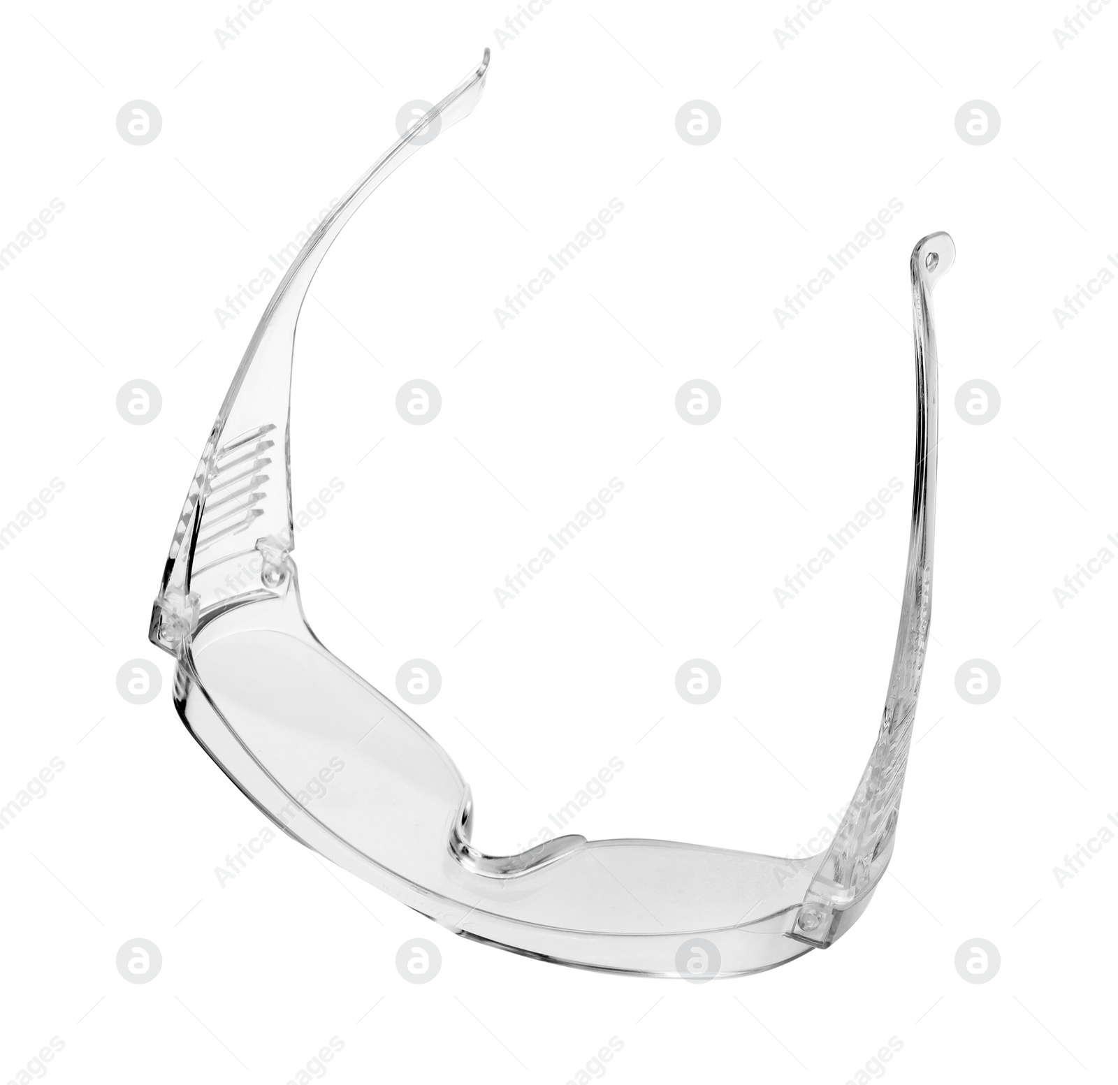 Photo of Protective goggles on white background. Construction tool