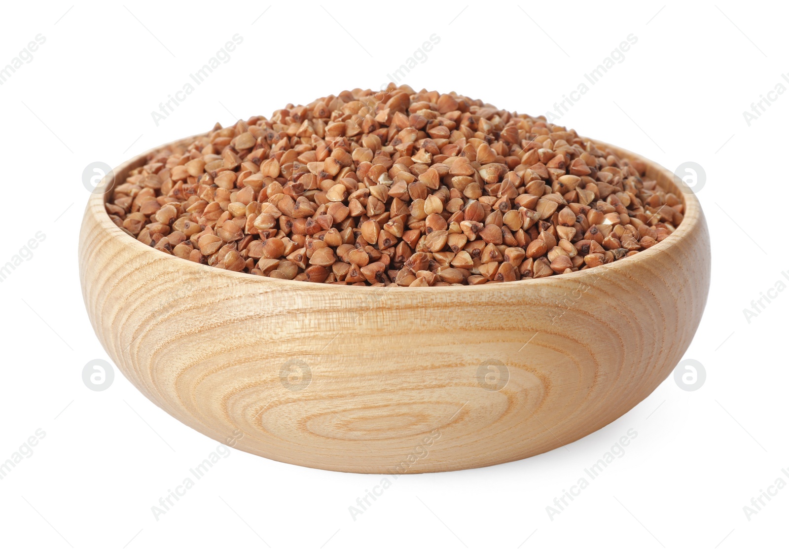 Photo of Raw buckwheat grains in bowl on white background