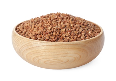 Raw buckwheat grains in bowl on white background