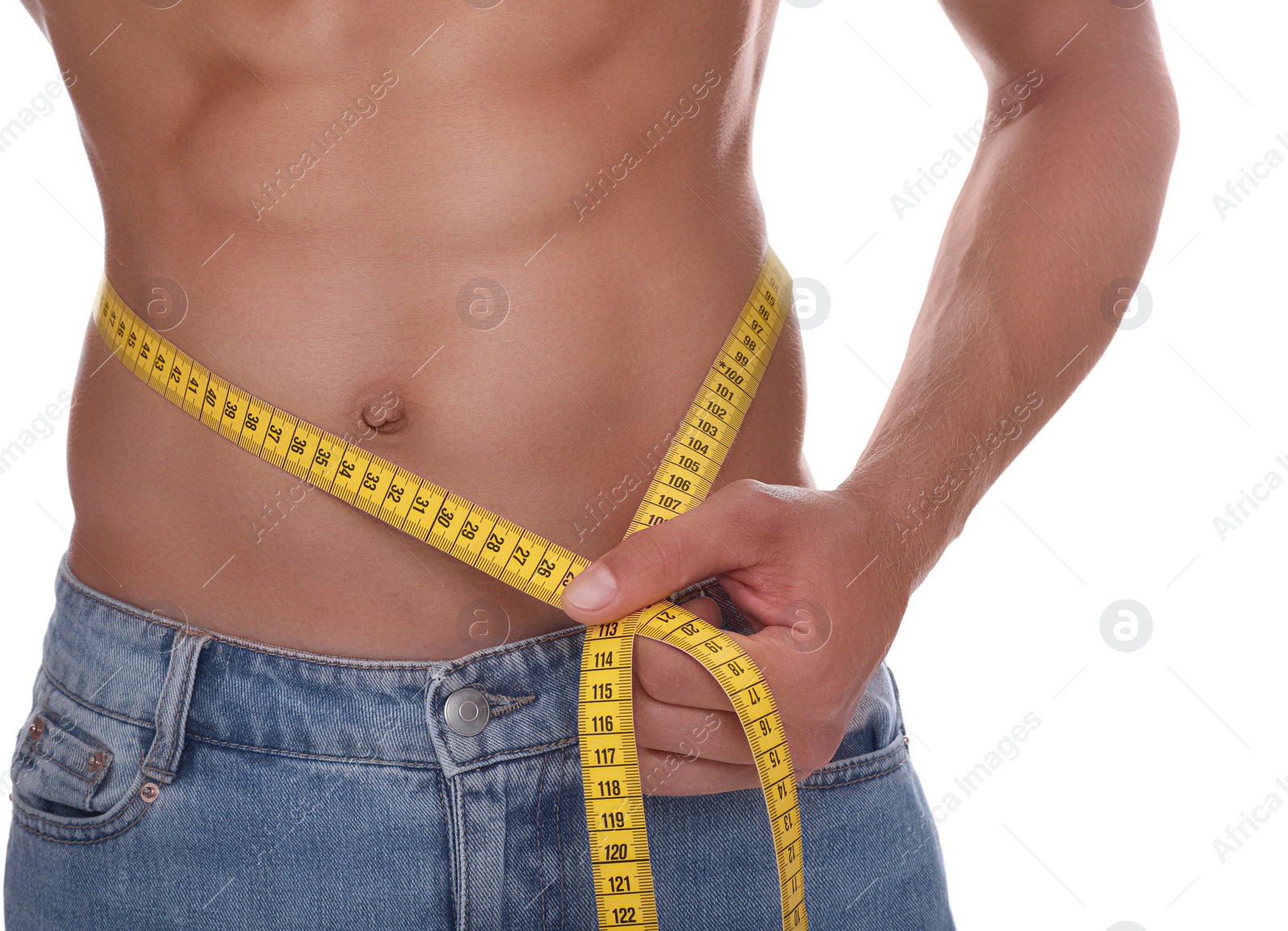 Photo of Shirtless man with slim body and measuring tape around his waist isolated on white, closeup