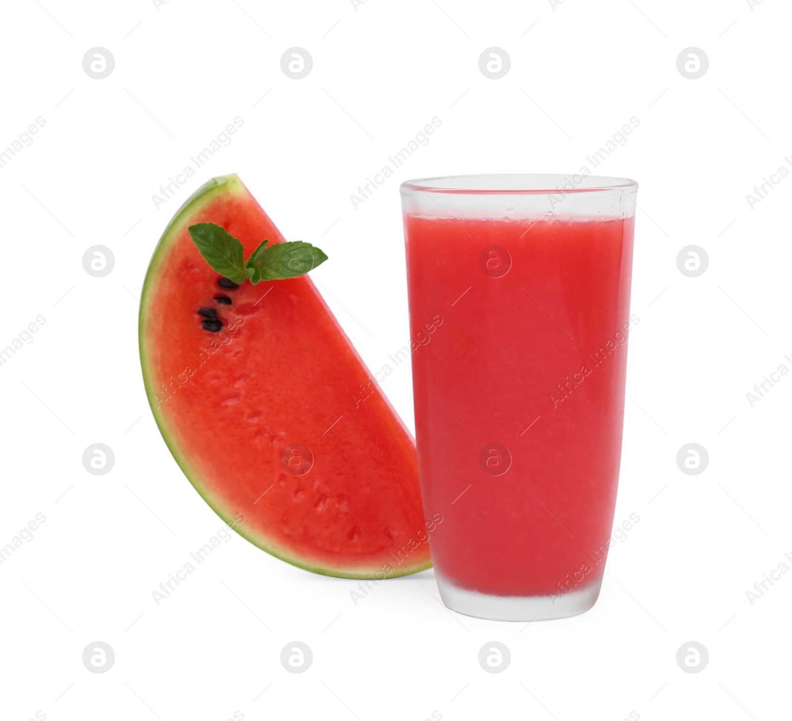 Photo of Glass of delicious drink, mint and cut fresh watermelon isolated on white