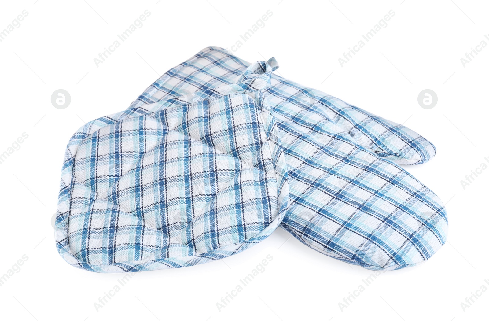 Photo of Oven glove and potholder for hot dishes on white background