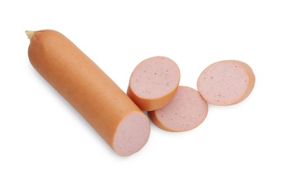 Photo of Cut fresh sausage on white background, top view. Meat product