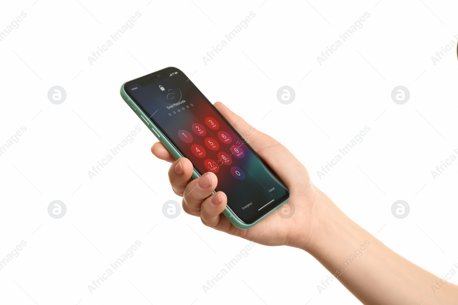 Photo of MYKOLAIV, UKRAINE - JULY 9, 2020: Woman holding  iPhone X with lock screen on white background, closeup