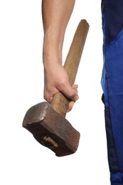 Man with sledgehammer on white background, closeup